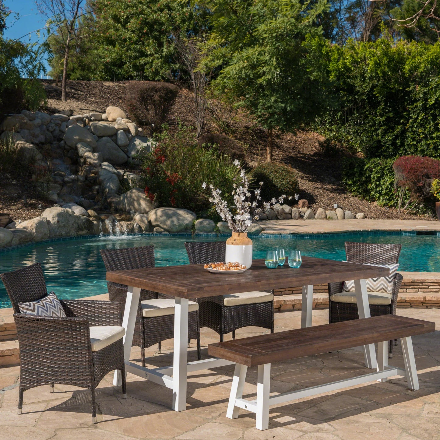 Linden Outdoor 6 Piece Rustic Iron and Acacia Wood Dining Set by