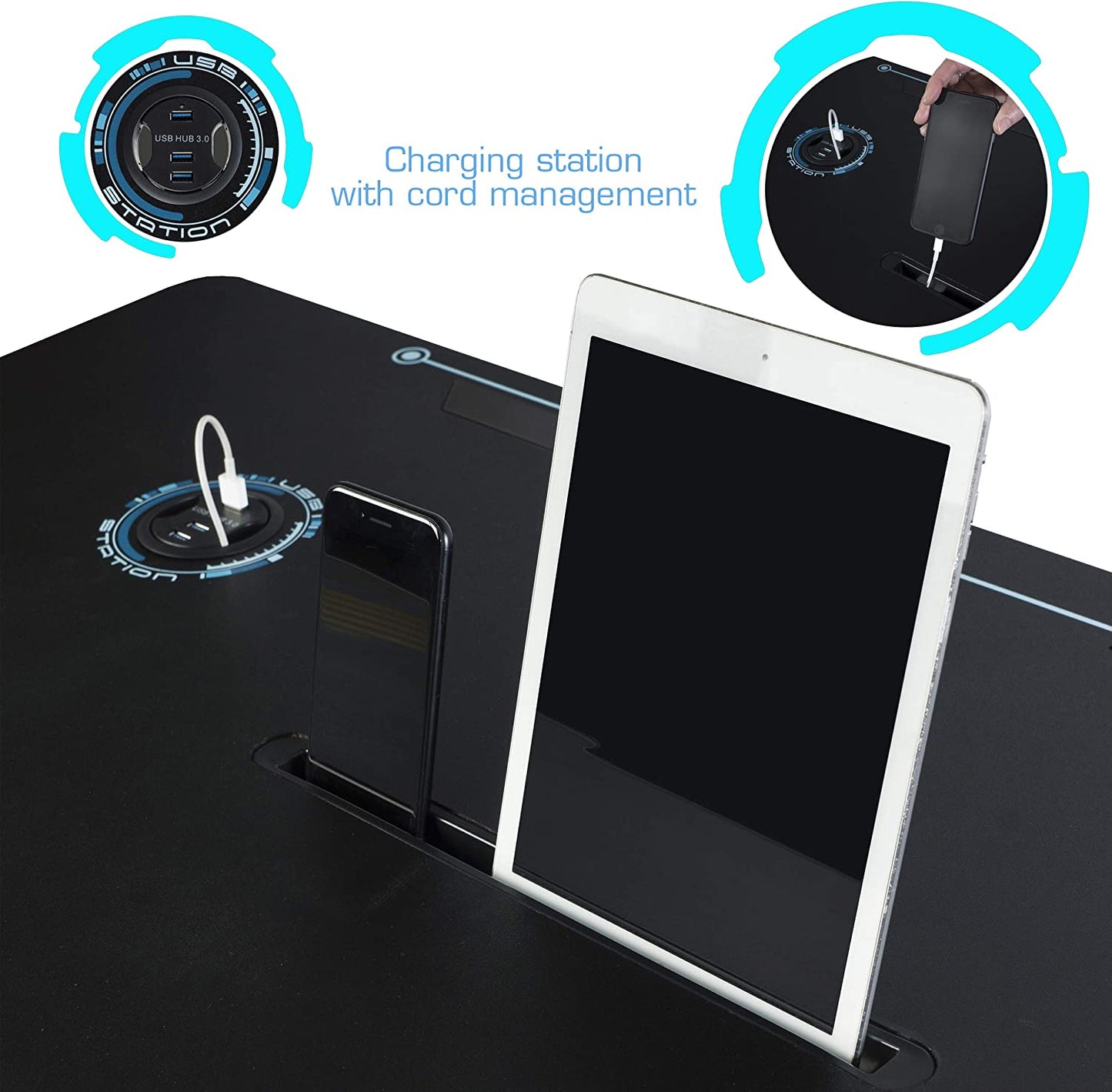 Gaming Desk Viper 3000-45+ Inches Wide, LED Illumination, Three USB 3.0 Ports, Tablet/Phone Slot, Cup Holder, Dual Headphone Hooks, Storage Tray, Satin Finish Surface, PN33906164