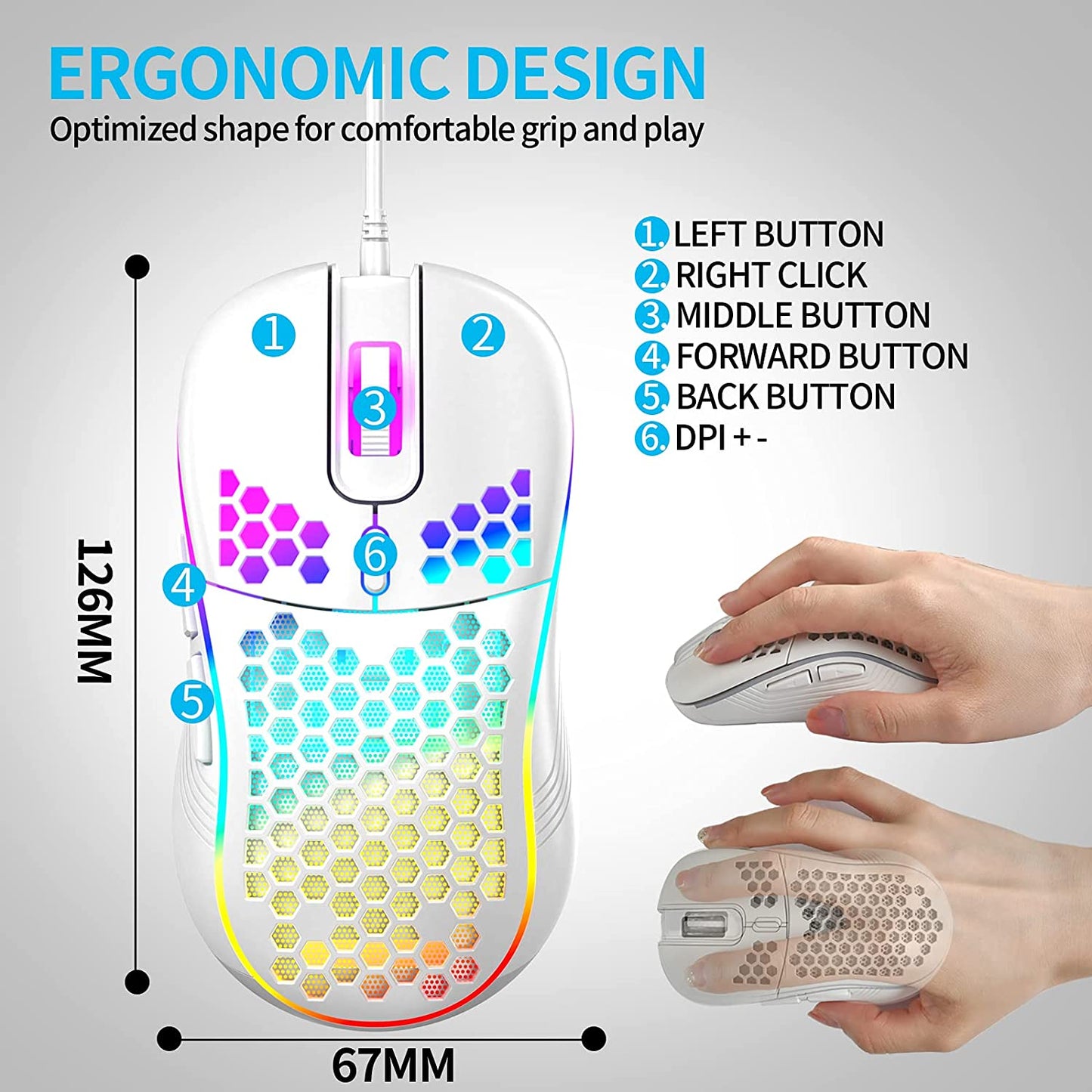 Honeycomb Wired Gaming Mouse, RGB Backlight and 7200 Adjustable DPI, Ergonomic and Lightweight USB Computer Mouse with High Precision Sensor for Windows PC & Laptop Gamers (White)