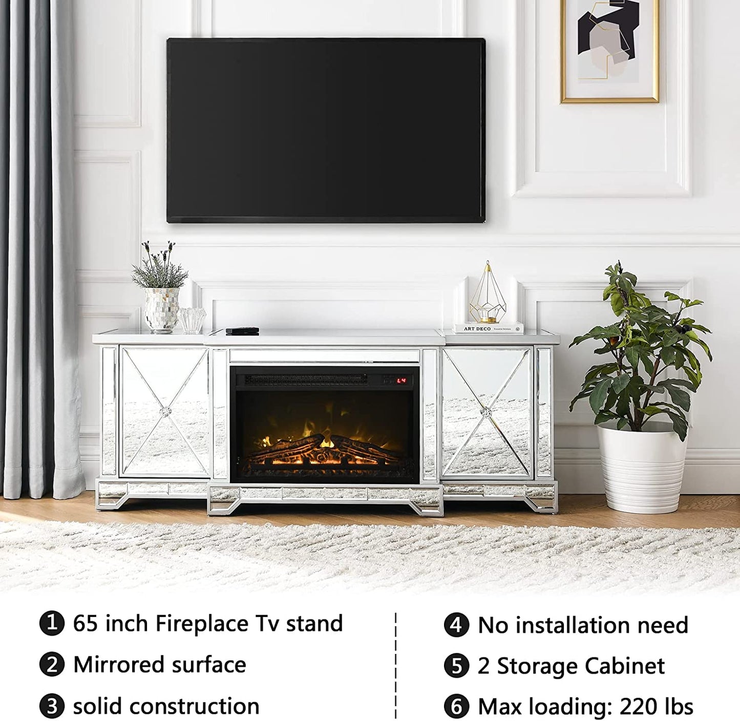 Co & Supply Mirrored Electric Fireplace TV Stand up to 65”, Mirrored TV Stand with 18” LED Fireplace and Remote