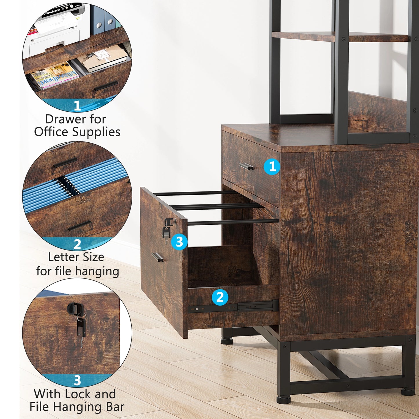 Co & Design 2 Drawer File Cabinet with Lock & Bookshelf, Letter Size Large Printer Stand