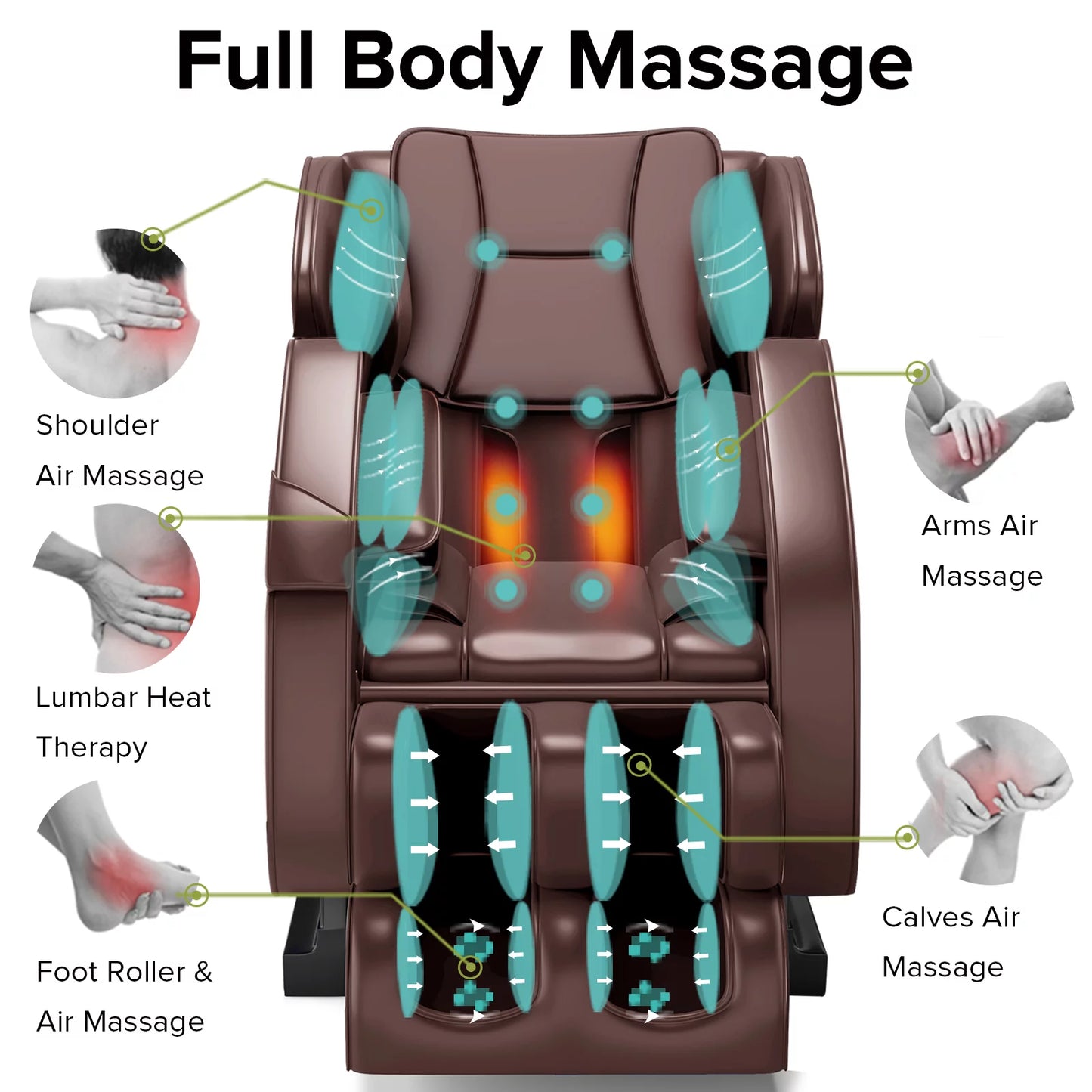 Massage Chair, Full Body Recliner with Zero Gravity Chair, Air Pressure, Bluetooth, Heat and Foot Roller Included, Brown