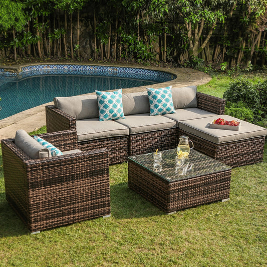 Outdoor 6-Piece Wicker Sectional Sofa with Cushions