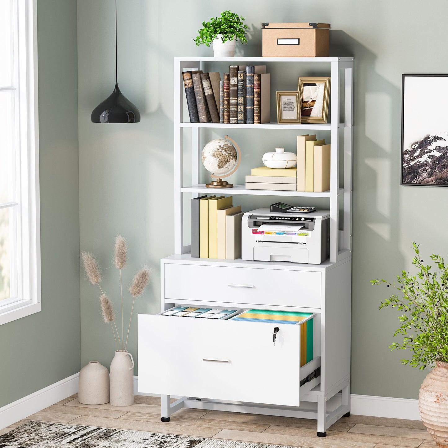 Co & Design 2 Drawer File Cabinet with Lock & Bookshelf, Letter Size Large Printer Stand