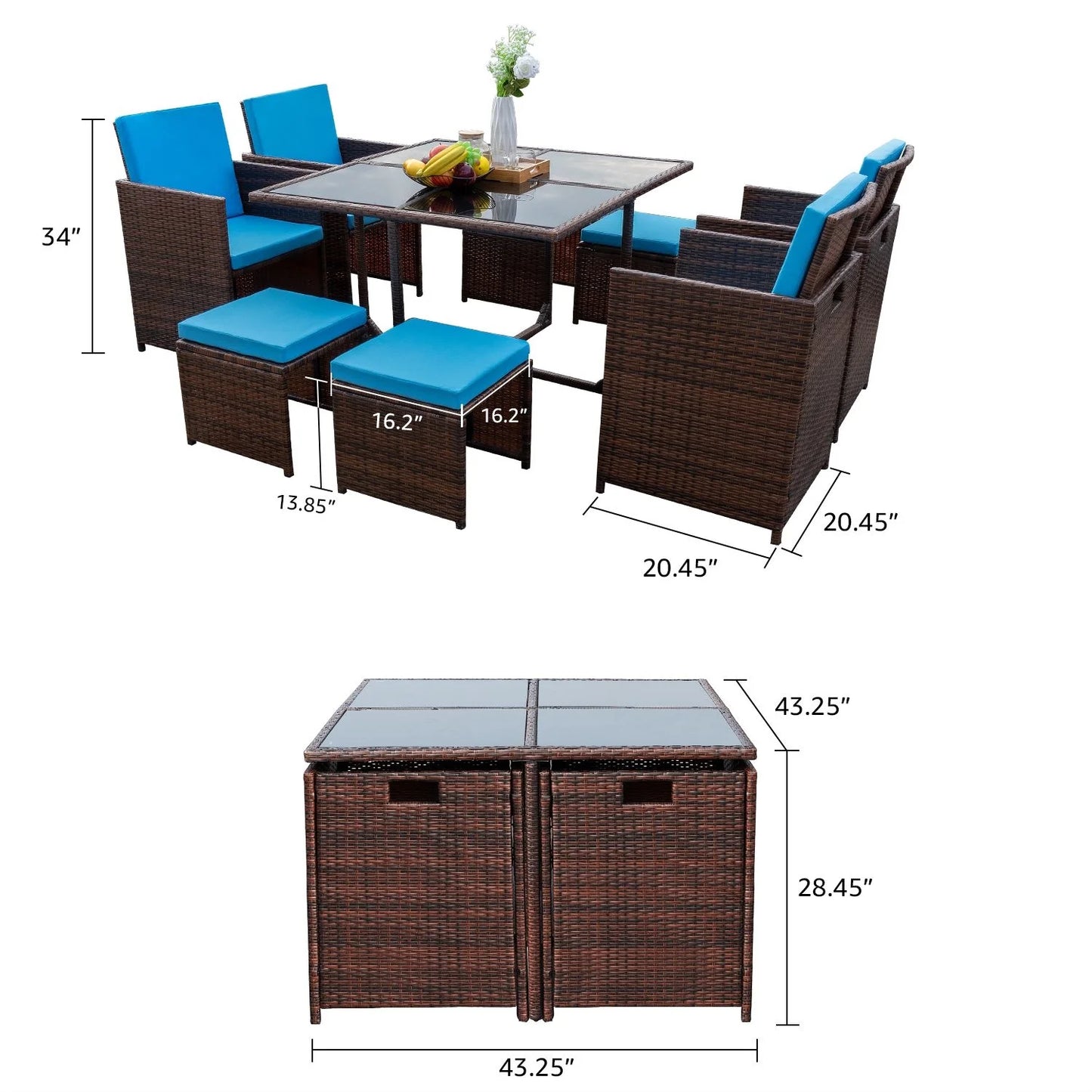9 Pieces Patio Dining Sets Outdoor Space Saving Rattan Chairs with Glass Table Sectional Conversation Set with Cushions