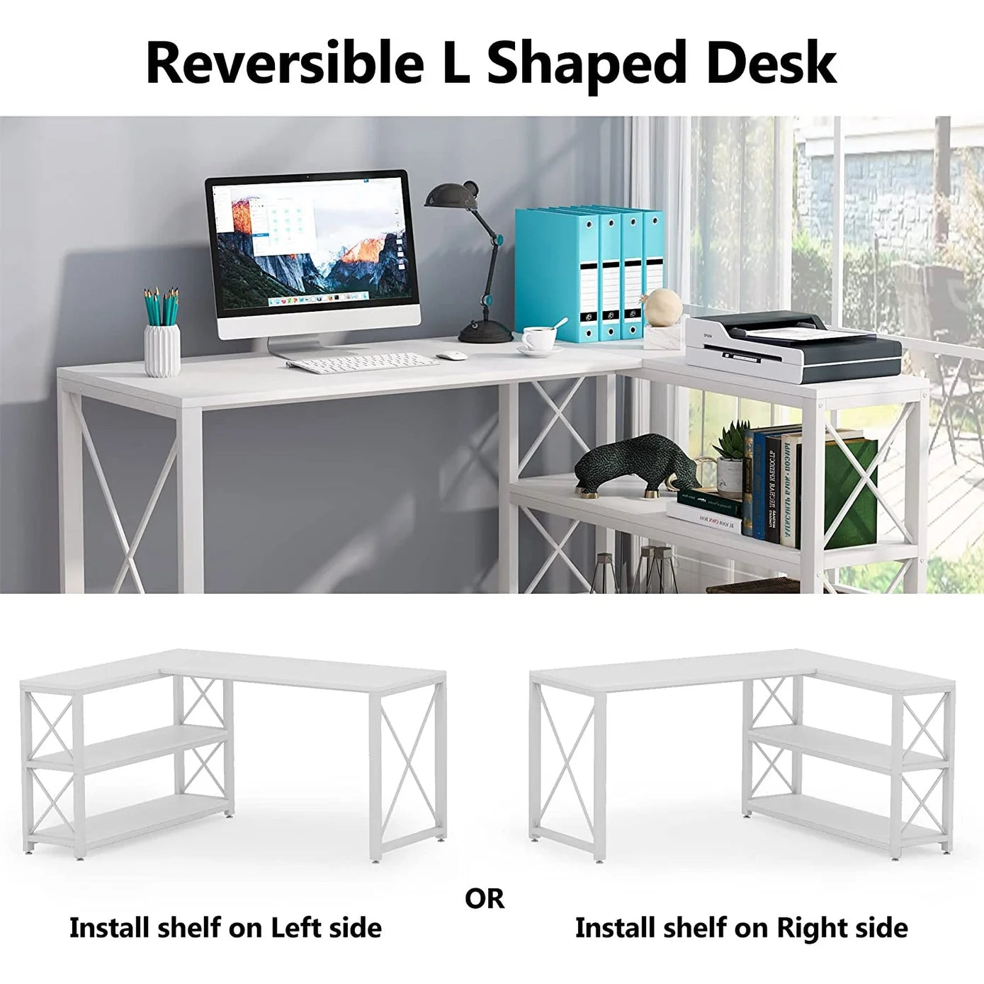 Industrial L-Shaped Desk with Storage Shelves, Corner Computer Desk PC Laptop Study Table Workstation