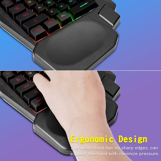 Gaming One Hand Keyboard Mouse USB Splitter USB C Adapter Combo with Wide Wrist-Rest RGB LED Backlit up to 7200DPI CPI Customize 4 Port Adapter Half Keypad Set for Lol/Wow/Fortnite/Dota/Pubg