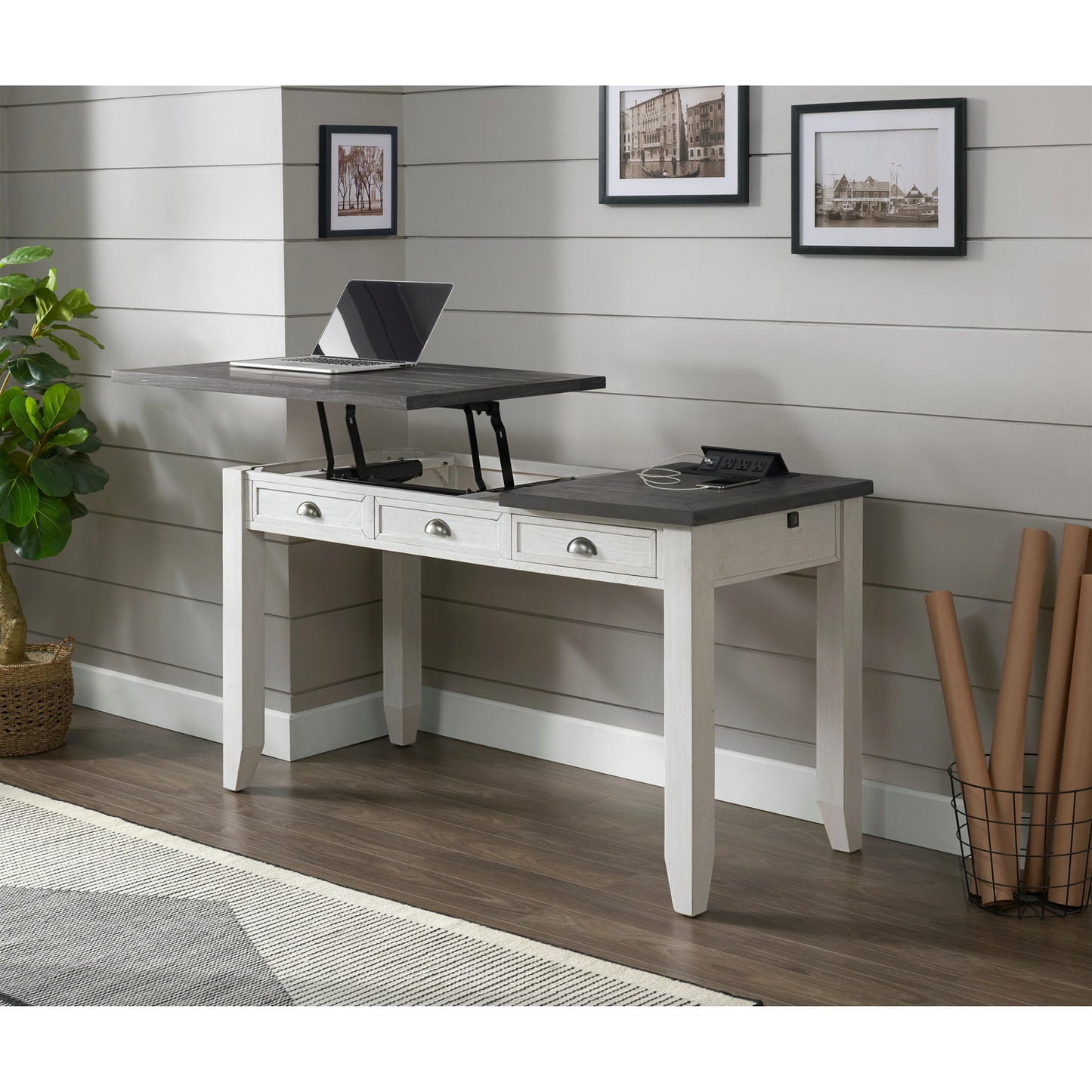 Standing option Lift-Top Desk with Fingerprint Lock White Stain and Grey