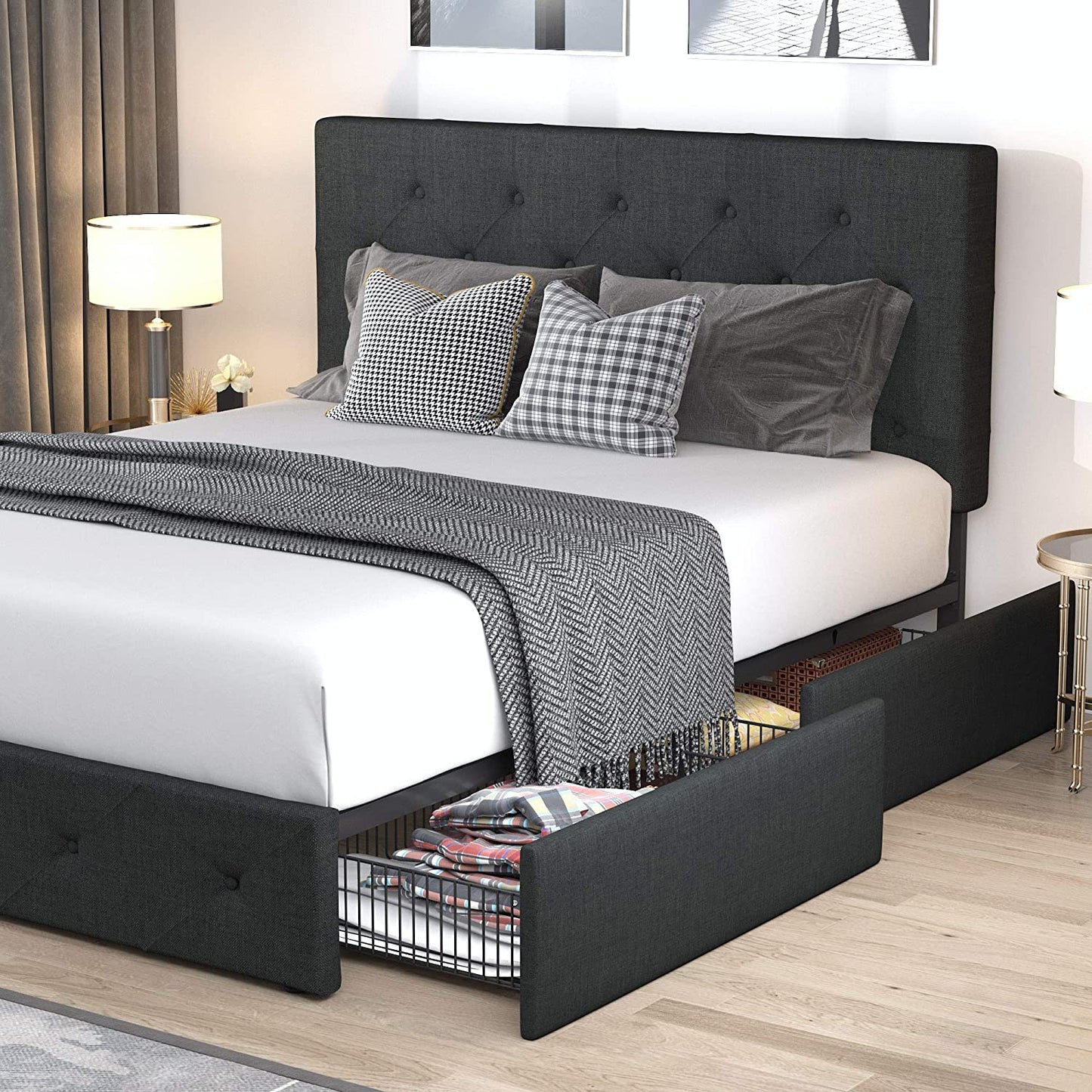 Queen Platform Bed Frame with 4 Drawers Storage and Headboard, Diamond Stitched Button Tufted Upholstered Mattress Foundation with Wood Slat Support, Dark Grey