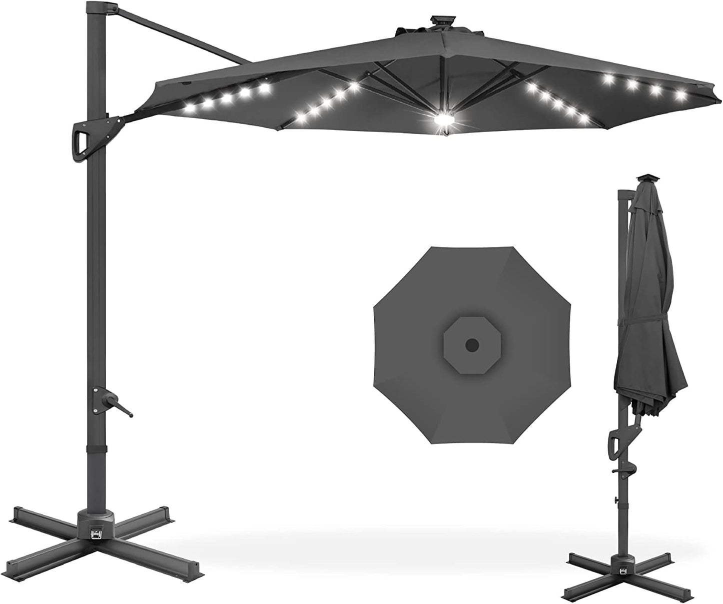 Solar LED Cantilever Patio Umbrella with Lights, 10 Foot Easy Tilt, and Cross Base, 360-Degree Hanging Offset Sun Shade for Backyard, Deck, and Poolside