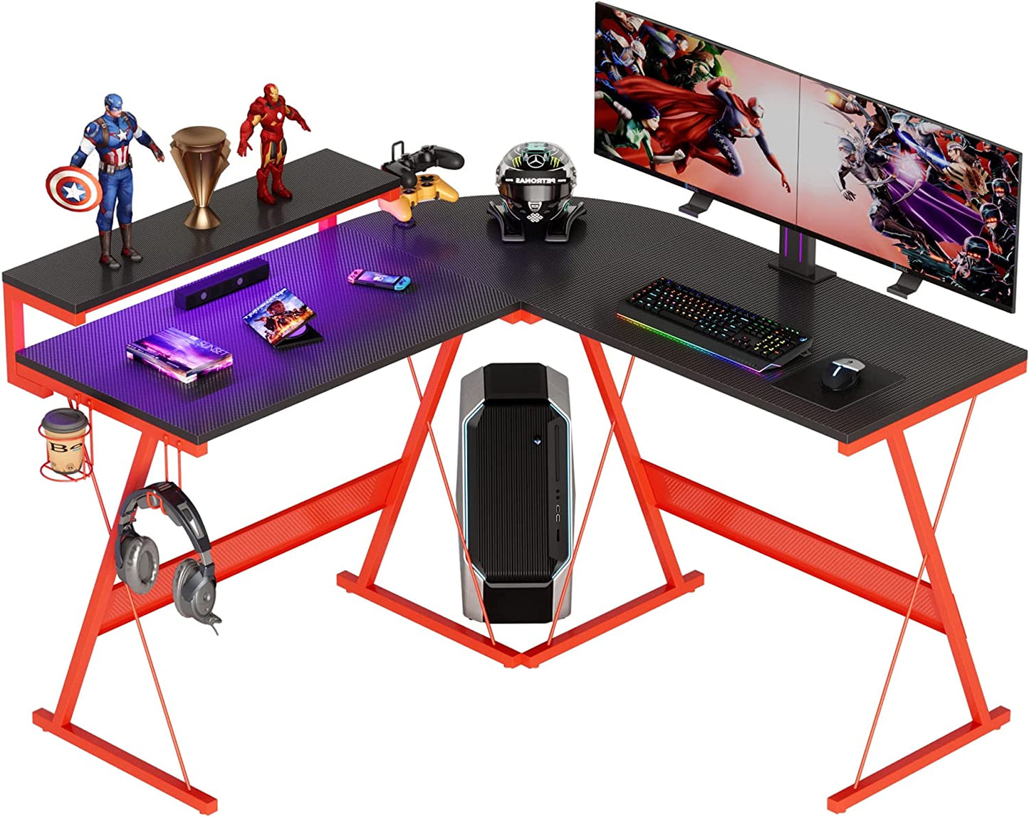 Gaming Desk 55 Inch LED L Shaped Computer Corner Desk with 36" Large Monitor Shelf Gamer Desk Workstation Reversible 72" Long Desk for 2 Persons Cup Holder Headset Hook, Carbon Fiber Black