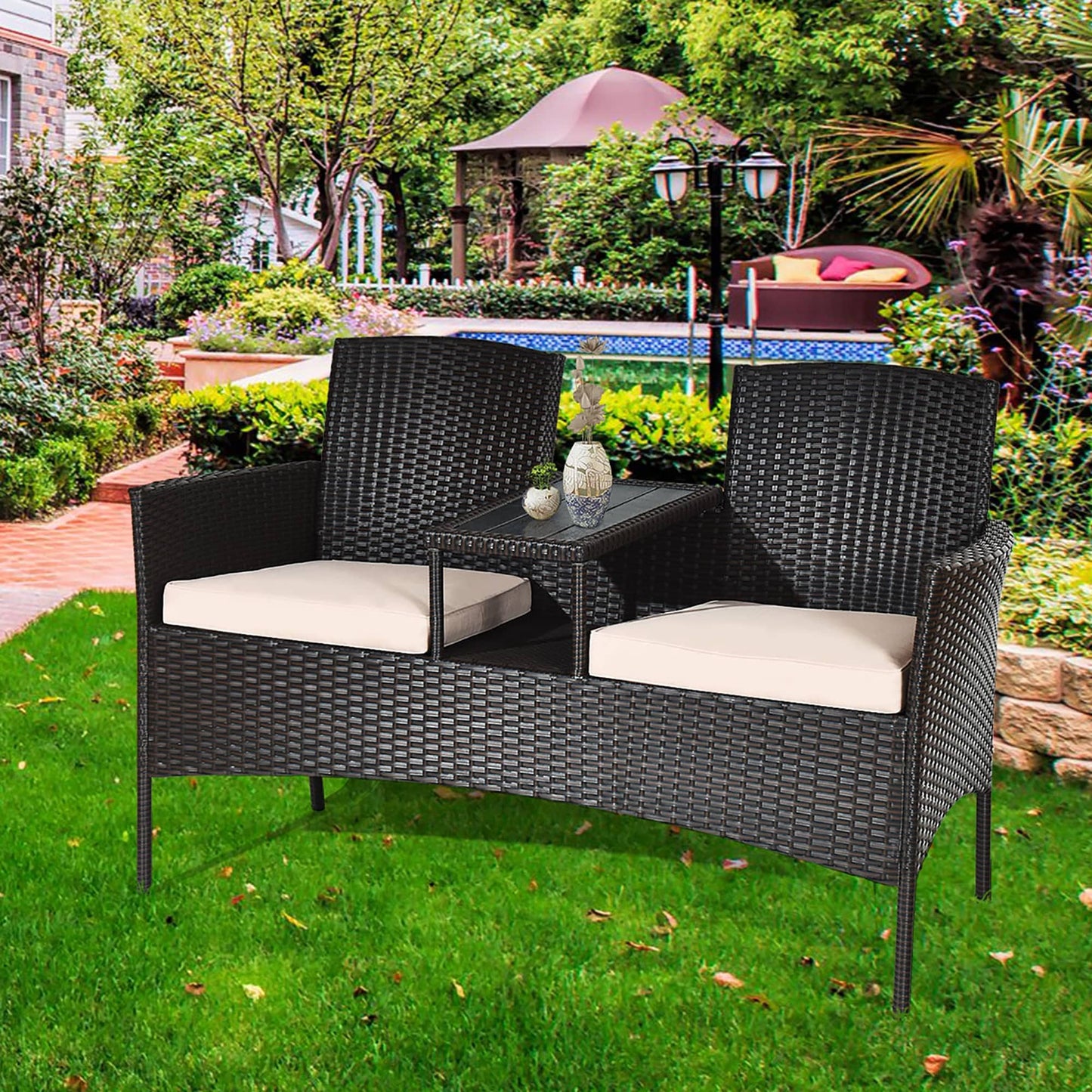 Patio Rattan Conversation Set Loveseat Sofa Cushioned Coffee