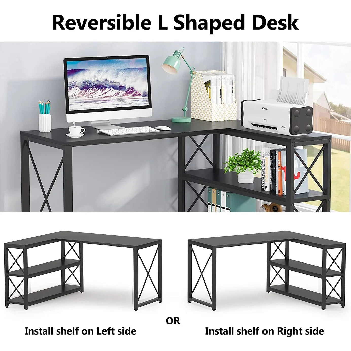 Industrial L-Shaped Desk with Storage Shelves, Corner Computer Desk PC Laptop Study Table Workstation