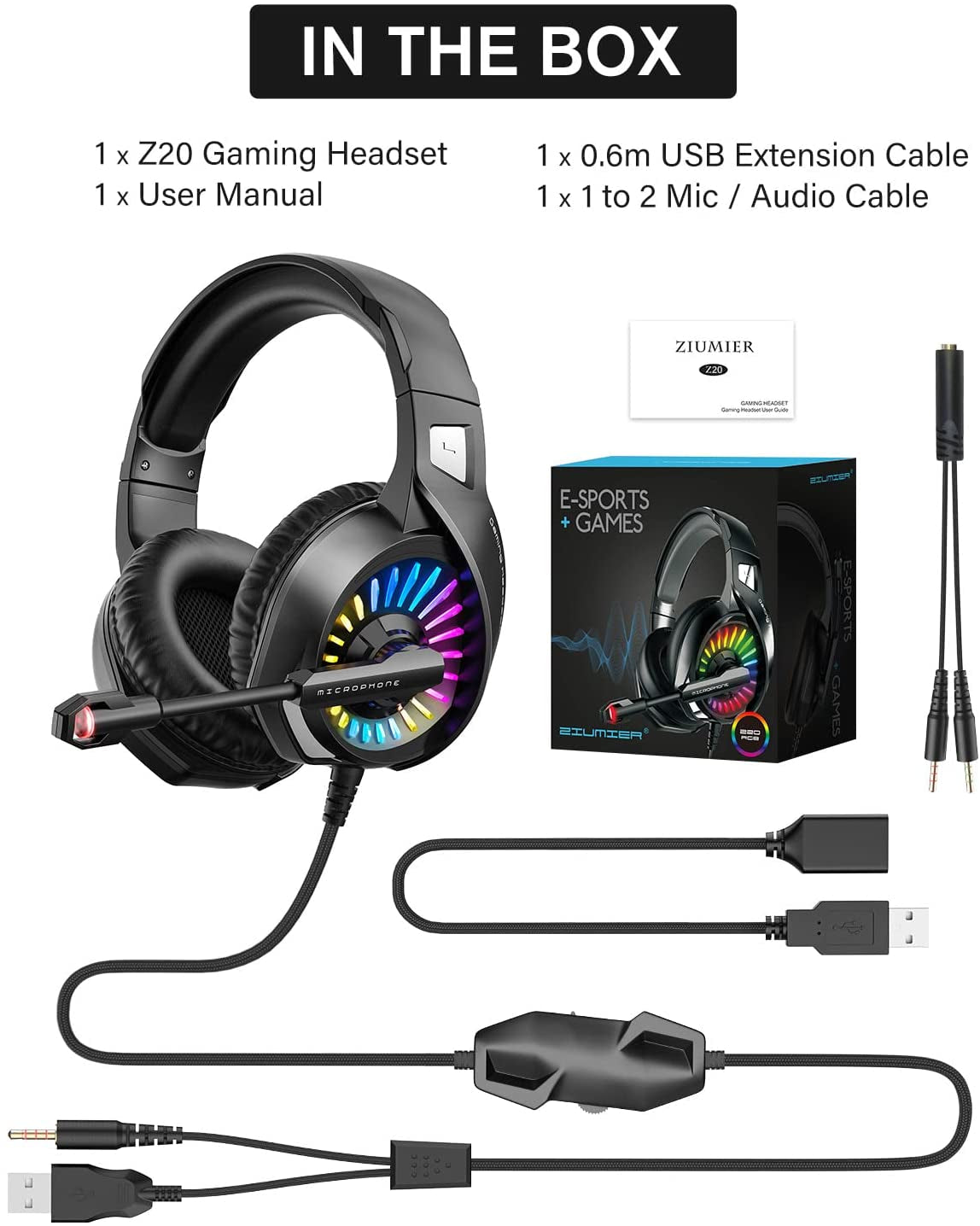 Gaming Headset with Microphone, Compatible with PS4 PS5 Xbox One PC Laptop, Over-Ear Headphones with LED RGB Light, Noise Canceling Mic, 7.1 Stereo Surround Sound