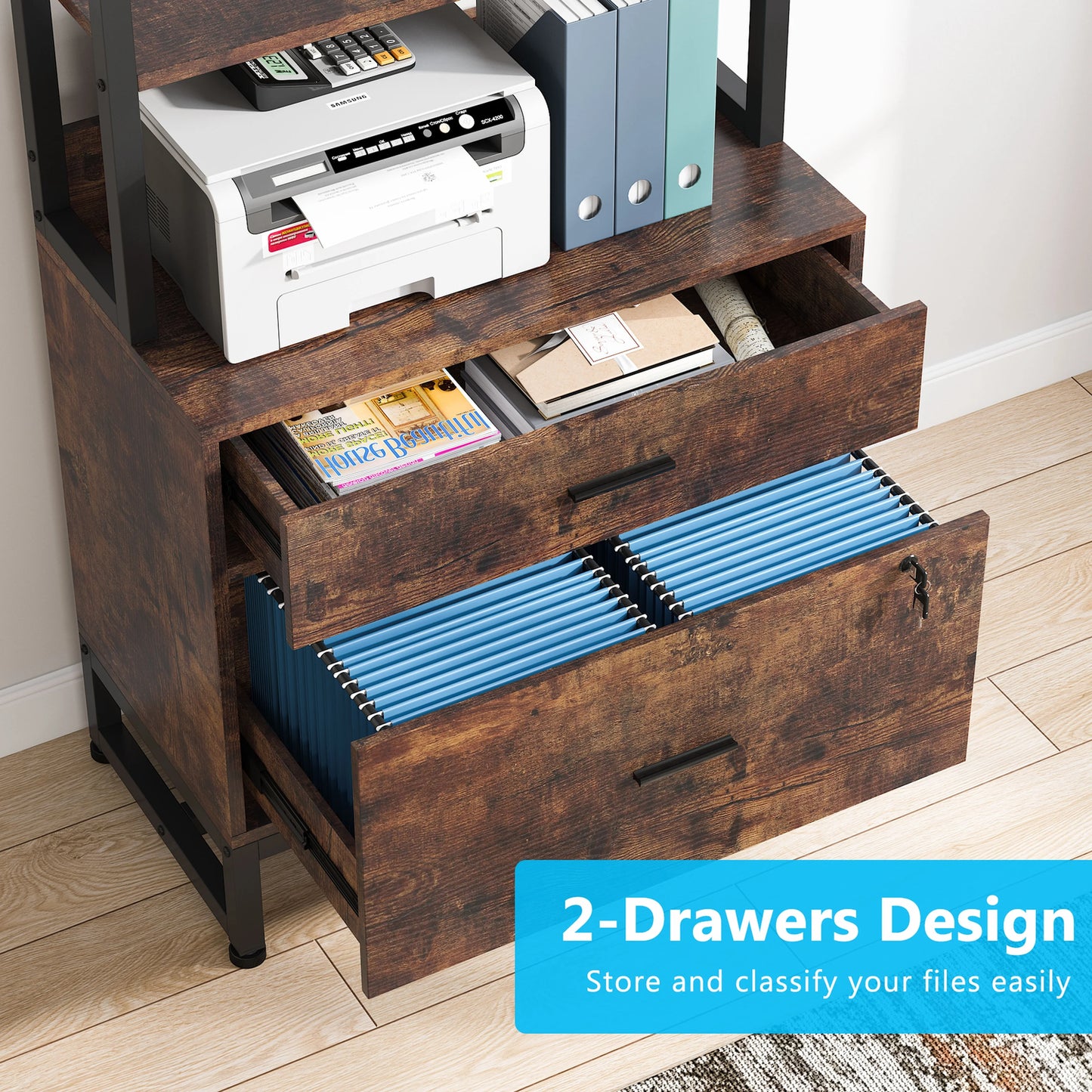 Co & Design 2 Drawer File Cabinet with Lock & Bookshelf, Letter Size Large Printer Stand