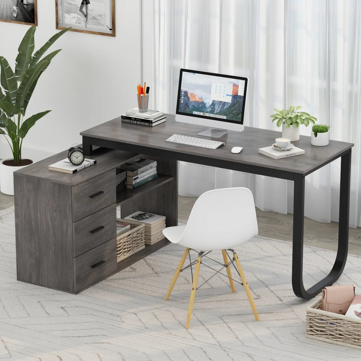 L-Shaped Executive Desk with 3 Drawers for Home and Office