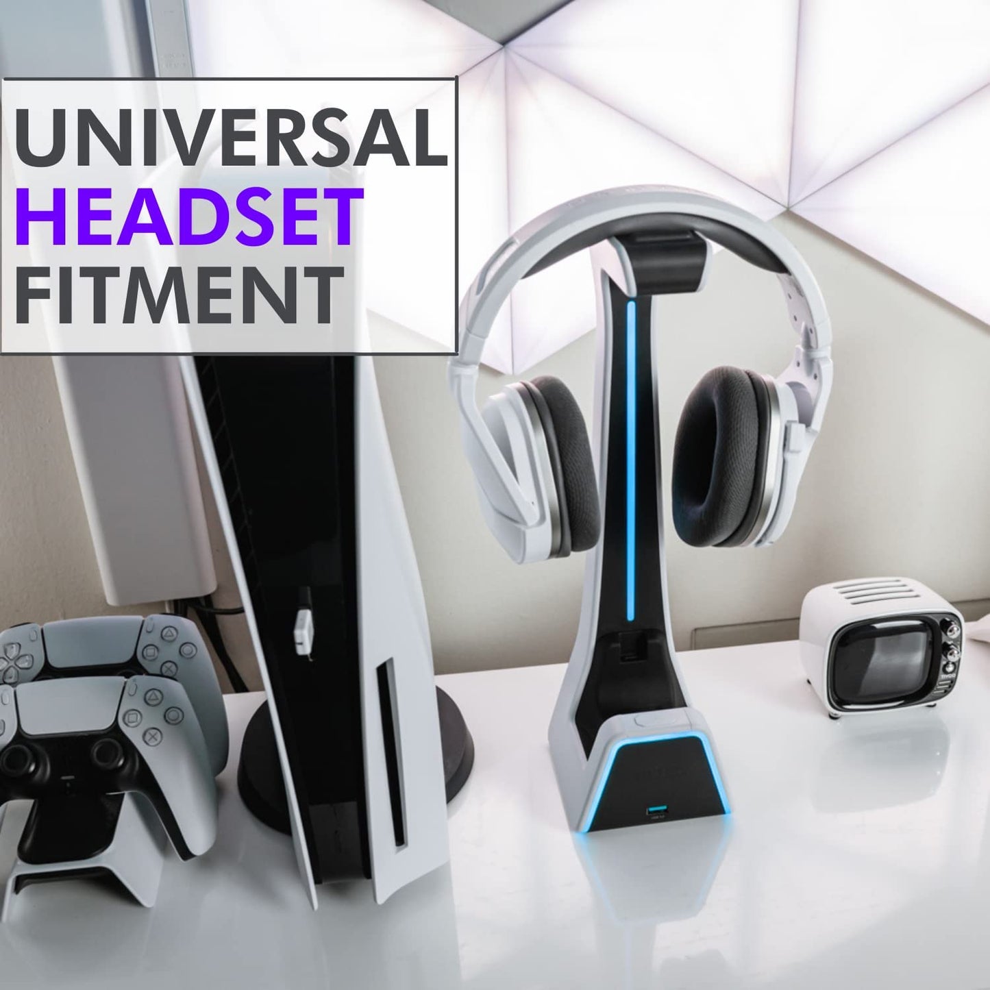 Nation RGB Headset and Controller Stand with Charging Station - PS4 / PS5 Controller Holder with Charger - Stylish Headphone and Game Controller Holder for Playstation or PC