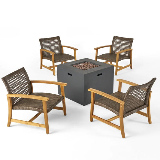 Augusta Outdoor 5 Piece Wood and Wicker Club Chairs and Fire Pit Set by