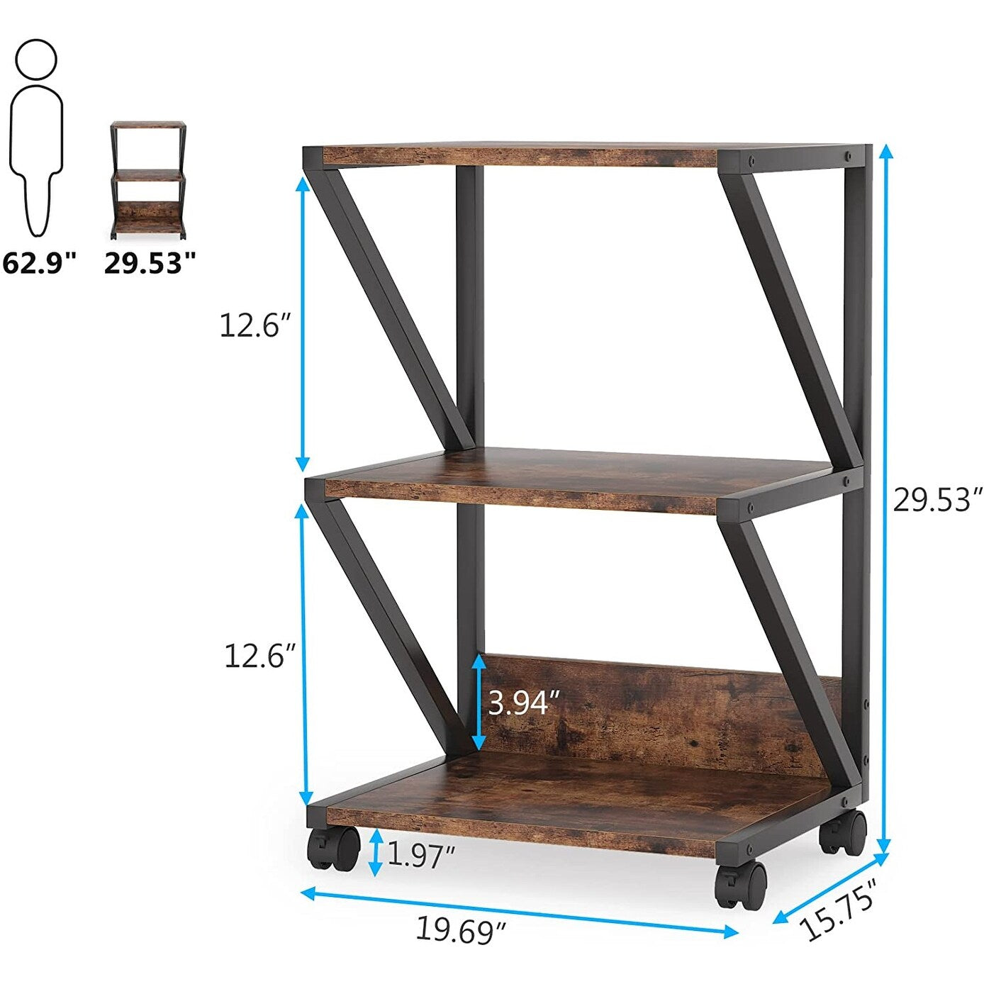 3-Tier Printer Stand, Industrial Printer Cart with Storage