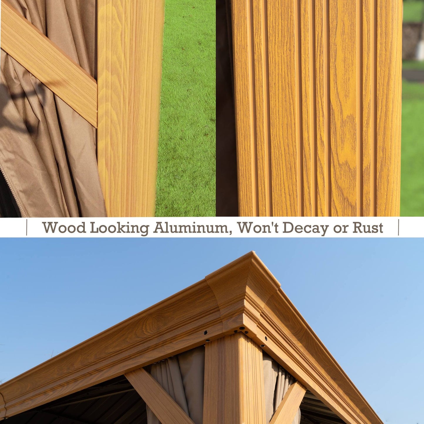 Kozyard Apollo Wood Looking 10Ft X 12Ft Aluminum Hardtop Gazebo with Galvanized Steel Roof and Mosquito Net