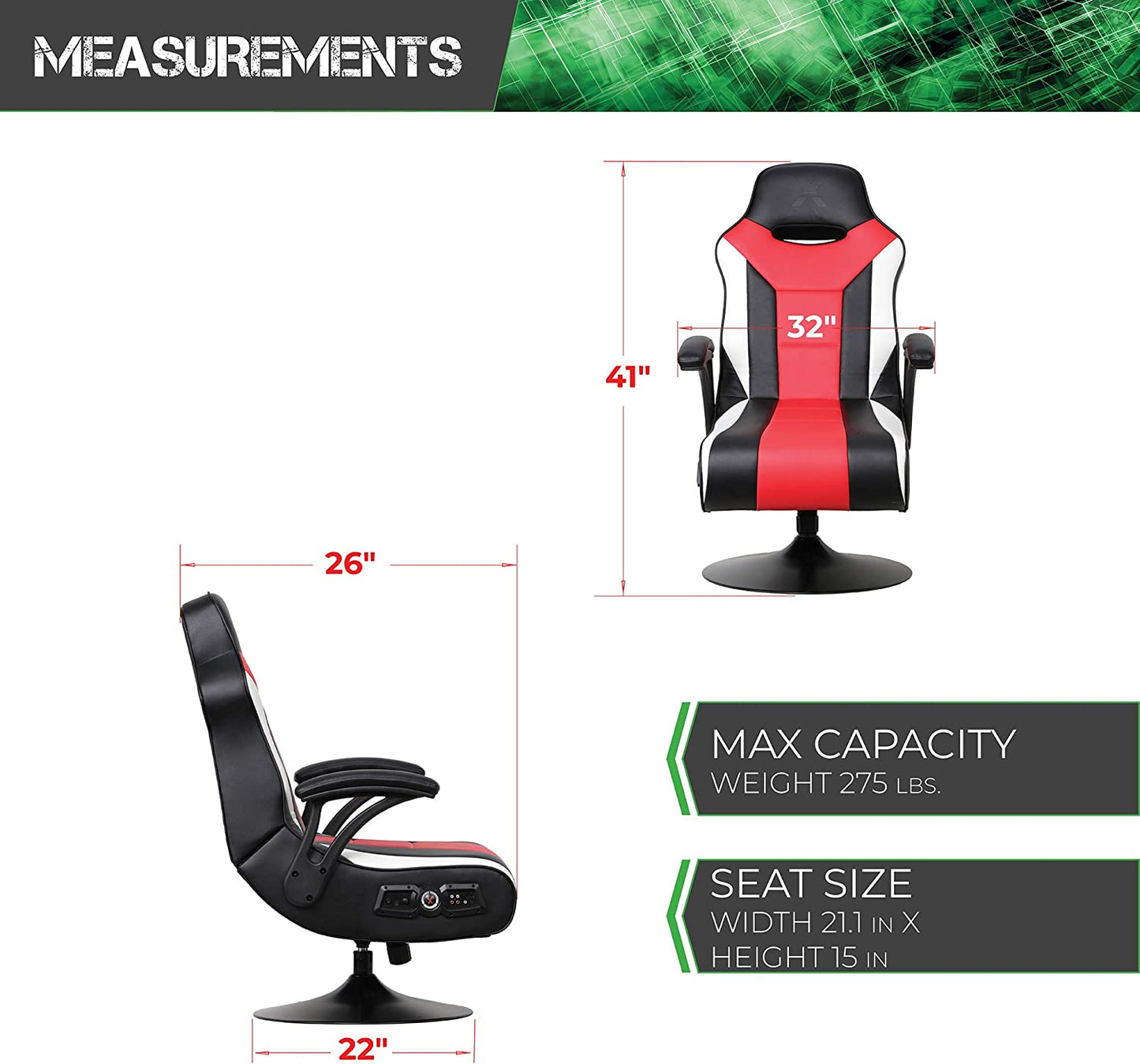Falcon Pedestal PC Office Gaming Chair, 32" X 25" X 42", Black/Red
