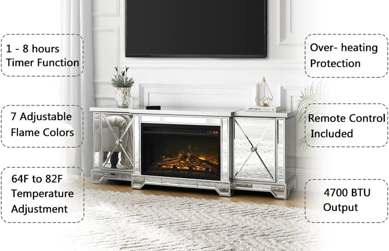 Co & Supply Mirrored Electric Fireplace TV Stand up to 65”, Mirrored TV Stand with 18” LED Fireplace and Remote