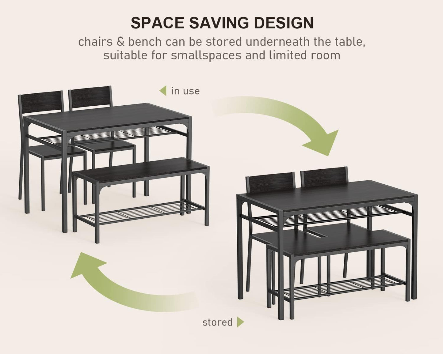 Kitchen Table and 2 Chairs for 4 with Bench 4 Piece Dining Table Set for Small Space