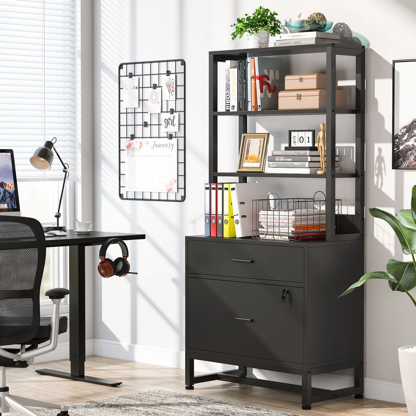 Co & Design 2 Drawer File Cabinet with Lock & Bookshelf, Letter Size Large Printer Stand