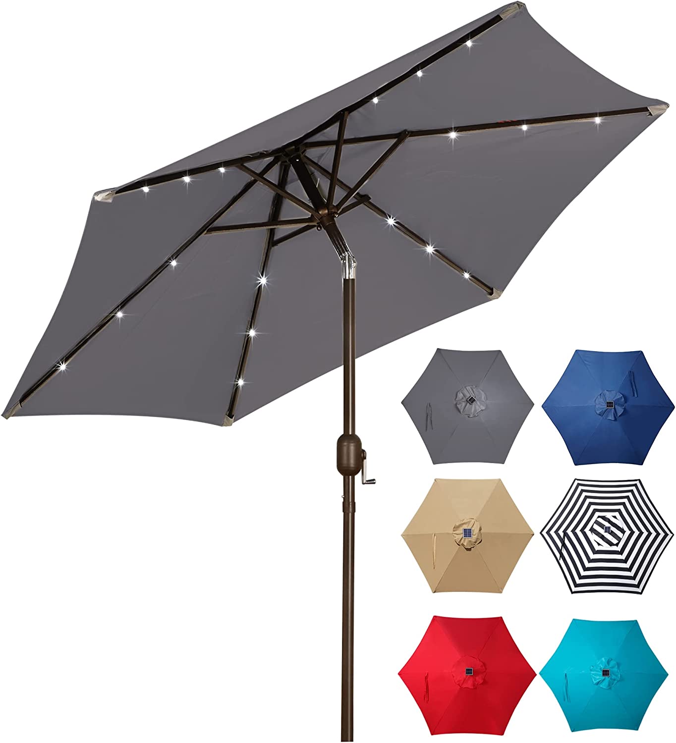 Outdoor Solar Umbrella - 7.5 Ft LED Lighted Patio Umbrella with Tilt and Crank for Garden, Deck, Backyard, Pool, and Beach