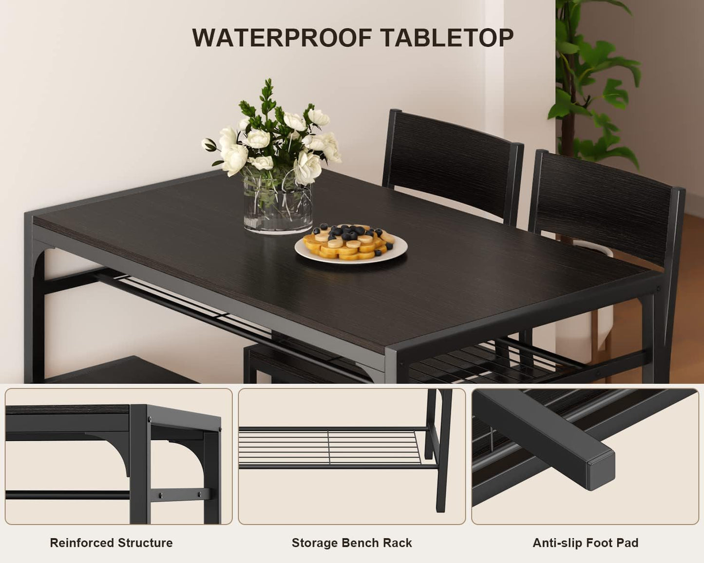 Kitchen Table and 2 Chairs for 4 with Bench 4 Piece Dining Table Set for Small Space