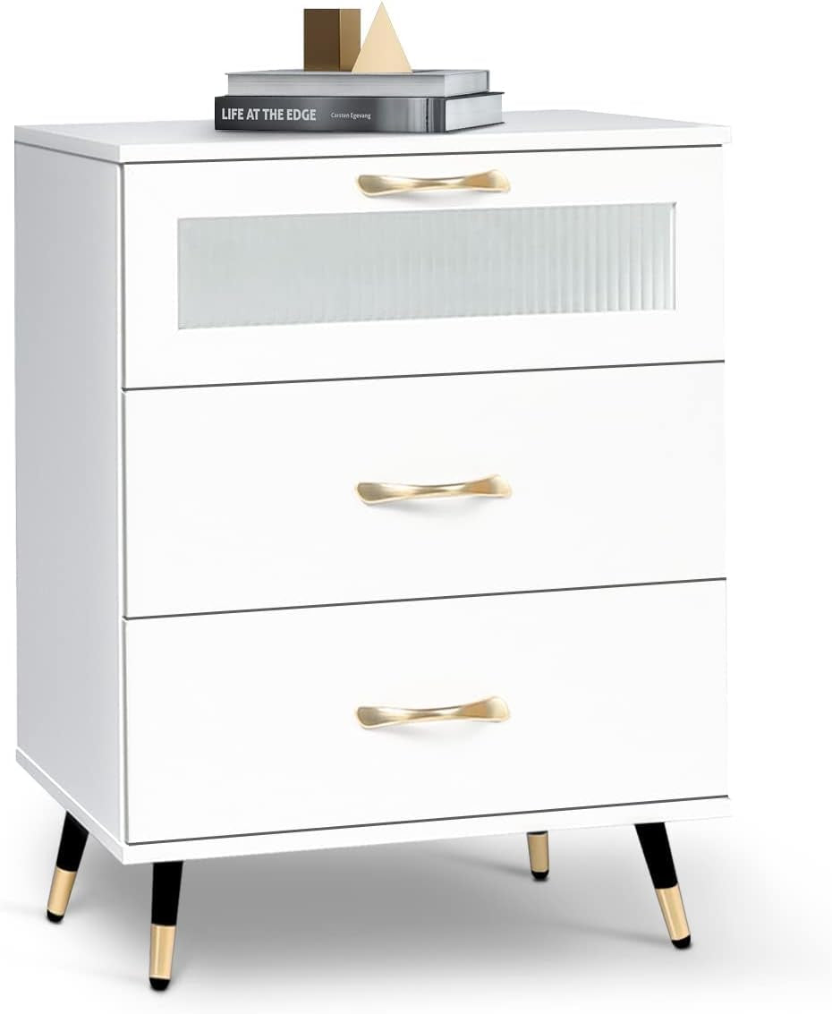White Nightstand Set of 2 Modern 3 Drawer Nightstand with Glass Door, Gold Leg and Handle, Bedside Cabinet Furniture Side Table Chest for Bedroom