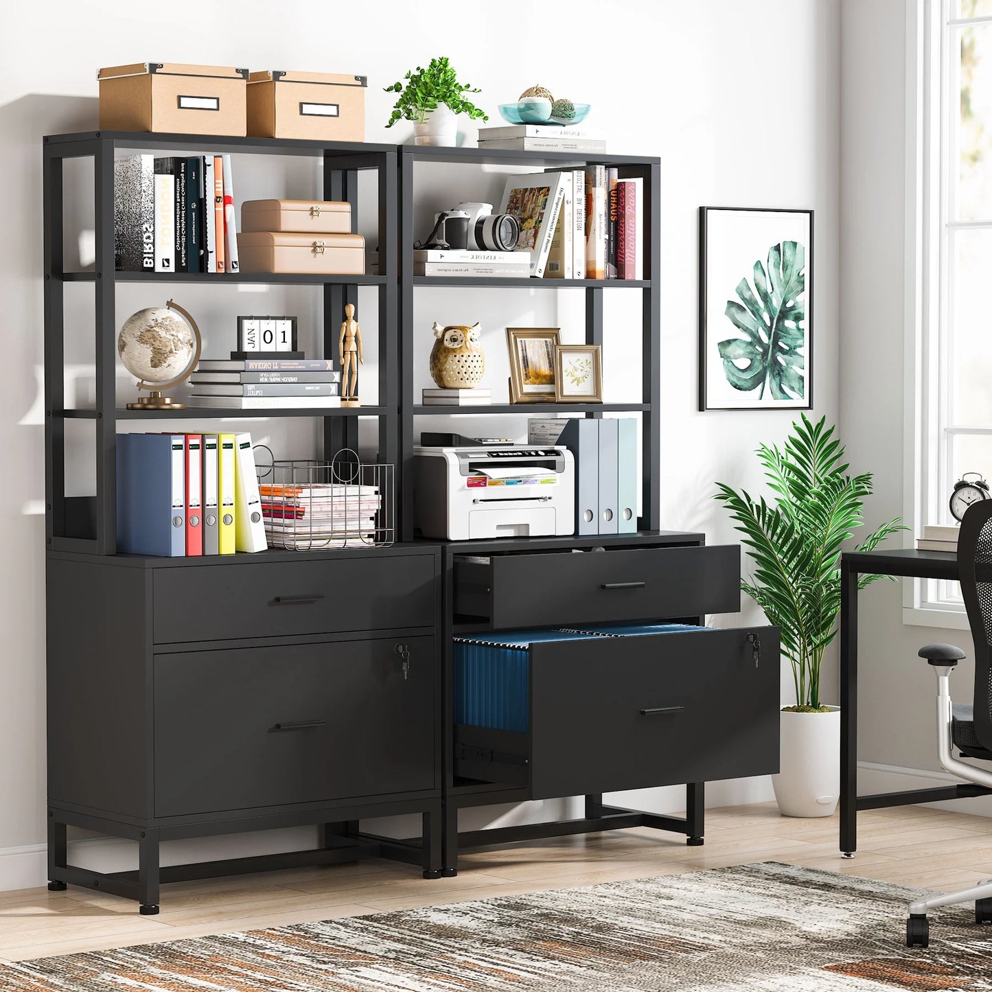 Co & Design 2 Drawer File Cabinet with Lock & Bookshelf, Letter Size Large Printer Stand