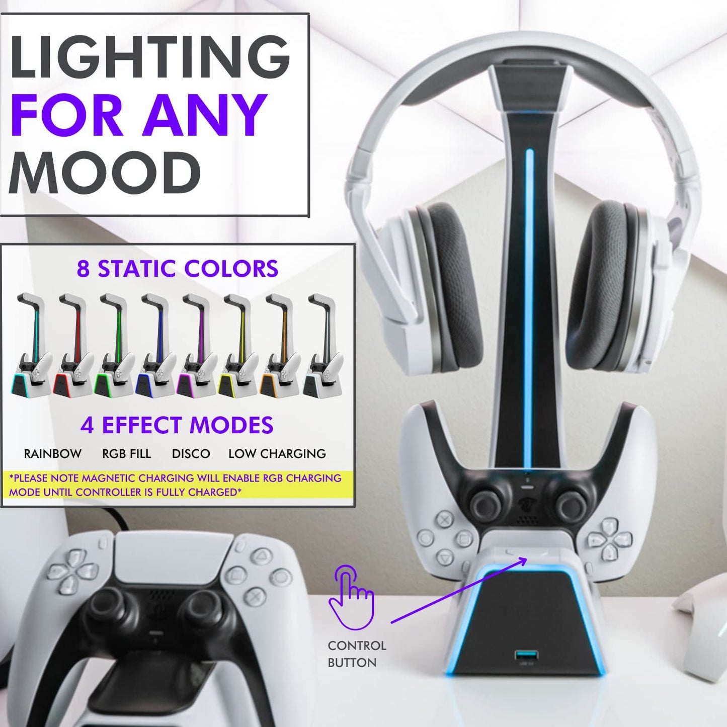 Nation RGB Headset and Controller Stand with Charging Station - PS4 / PS5 Controller Holder with Charger - Stylish Headphone and Game Controller Holder for Playstation or PC