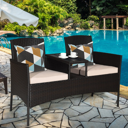 Patio Rattan Conversation Set Loveseat Sofa Cushioned Coffee