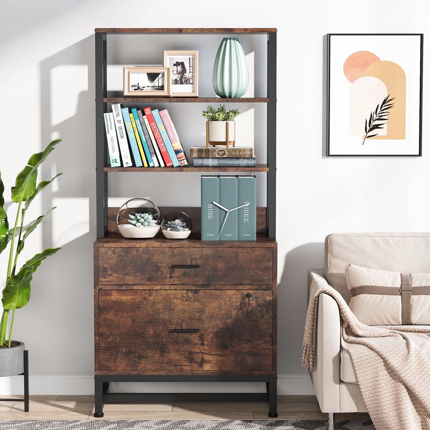 Co & Design 2 Drawer File Cabinet with Lock & Bookshelf, Letter Size Large Printer Stand