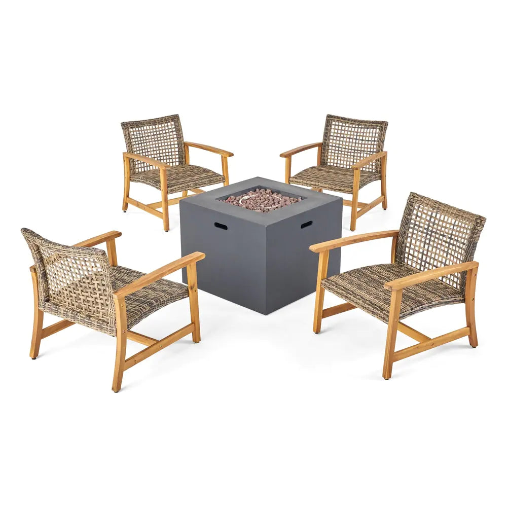 Augusta Outdoor 5 Piece Wood and Wicker Club Chairs and Fire Pit Set by