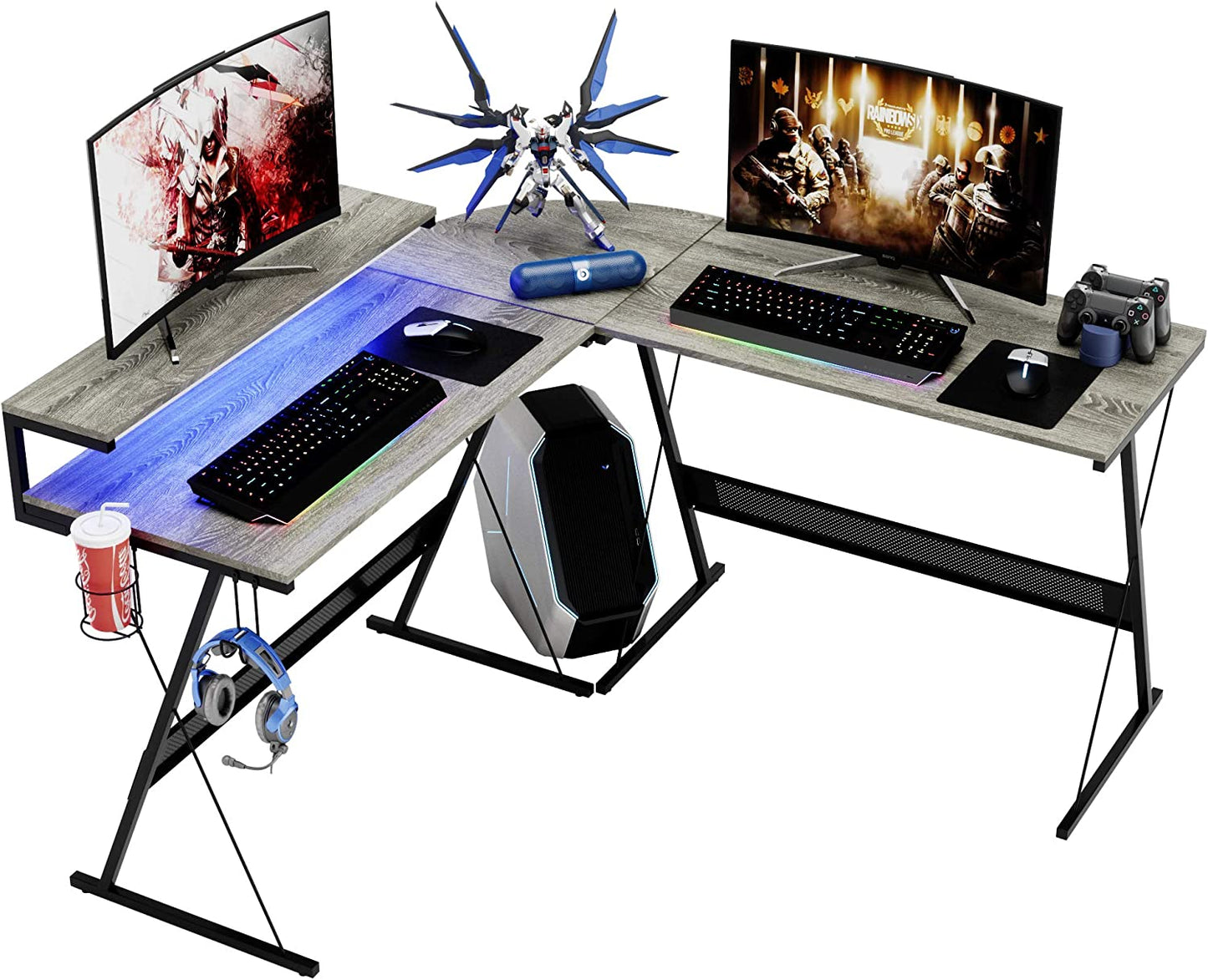 Gaming Desk 55 Inch LED L Shaped Computer Corner Desk with 36" Large Monitor Shelf Gamer Desk Workstation Reversible 72" Long Desk for 2 Persons Cup Holder Headset Hook, Carbon Fiber Black