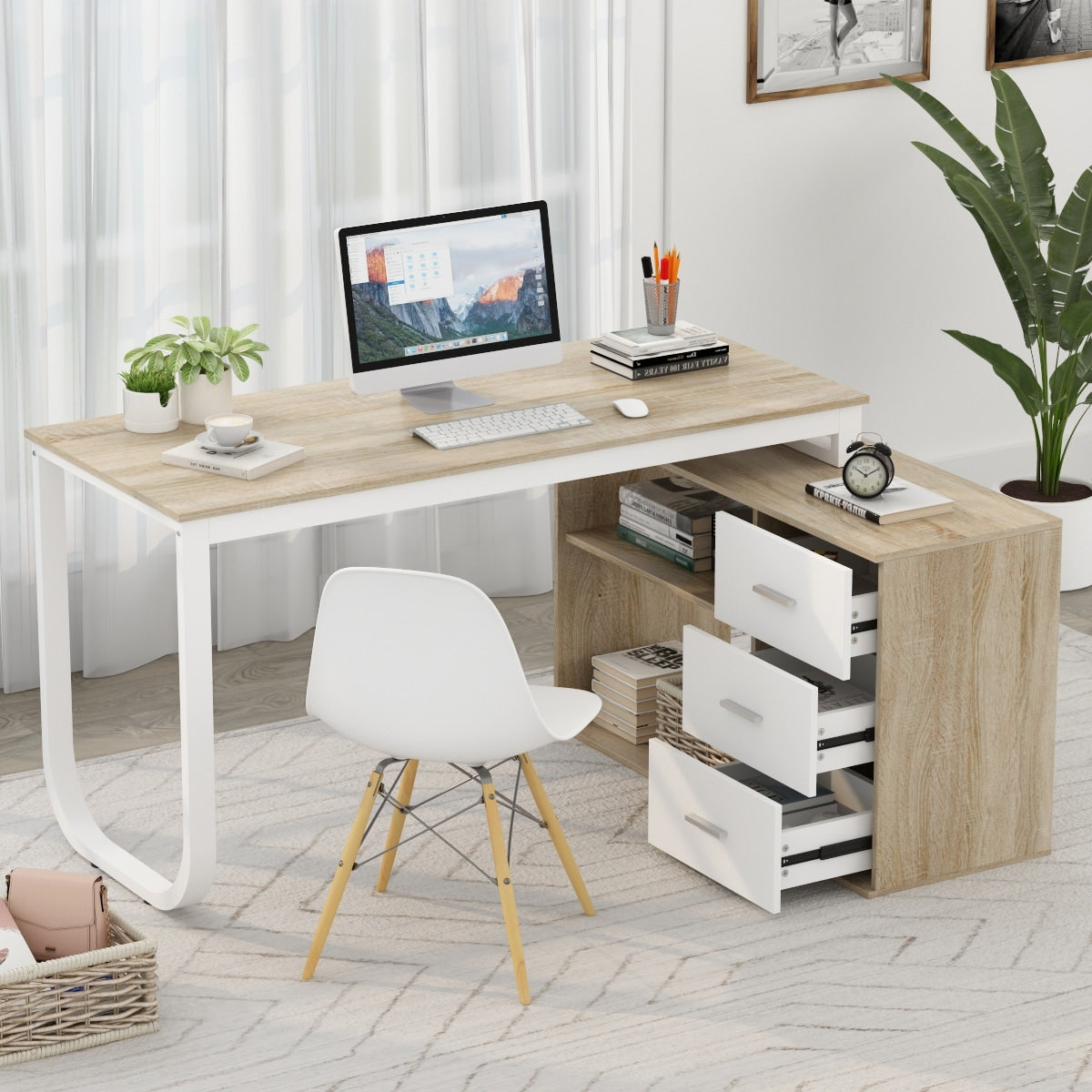 L-Shaped Executive Desk with 3 Drawers for Home and Office