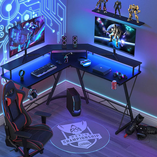 Gaming Desk with Led Lights and Power Strip L Shaped Desk Corner Computer Desk with Monitor Stand, Carbon Fiber Surface Gaming Table with Desk Accessories Cup Holder Headphone Hook, Black