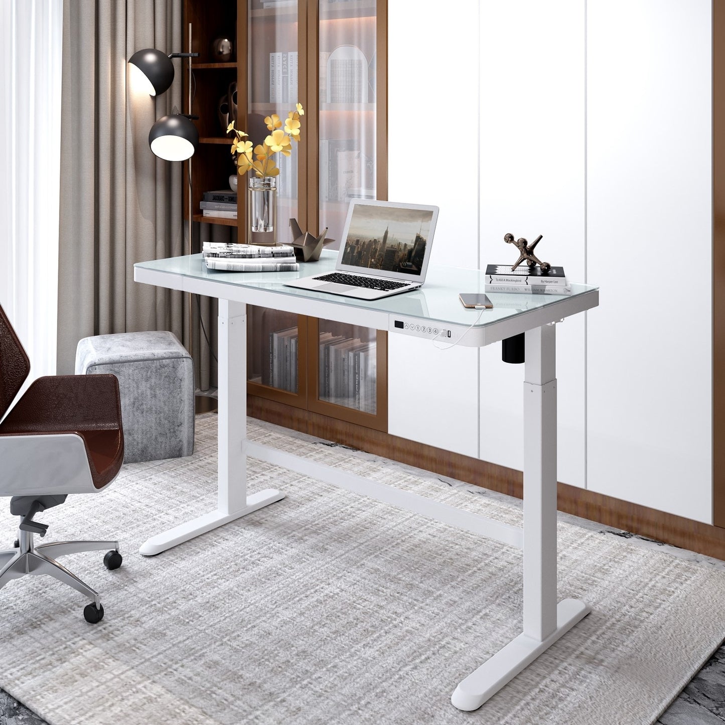 Home Office Electric Height Adjustable Desk 48" Width Standing Desk Computer Desk Glass Top with Drawer, USB Charged