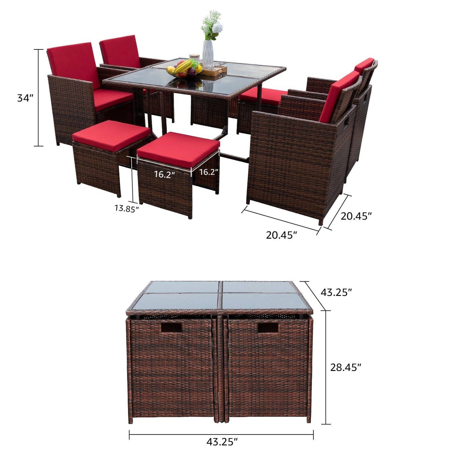 9 Pieces Patio Dining Sets Outdoor Space Saving Rattan Chairs with Glass Table Sectional Conversation Set with Cushions