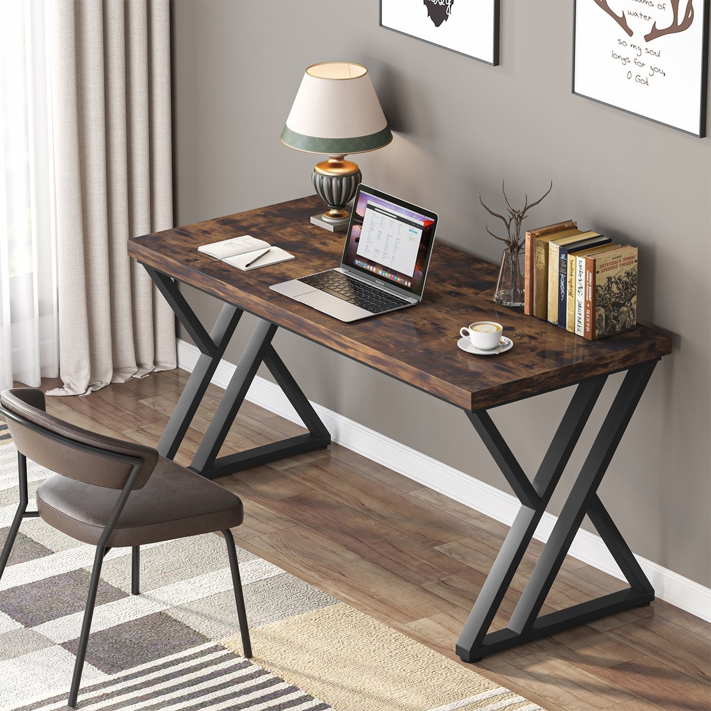 Tribesigns 55" Computer Desk, Heavy Duty Writing Desk with Extra Thicken Desktop & Stylish Metal Leg, Rustic Brown