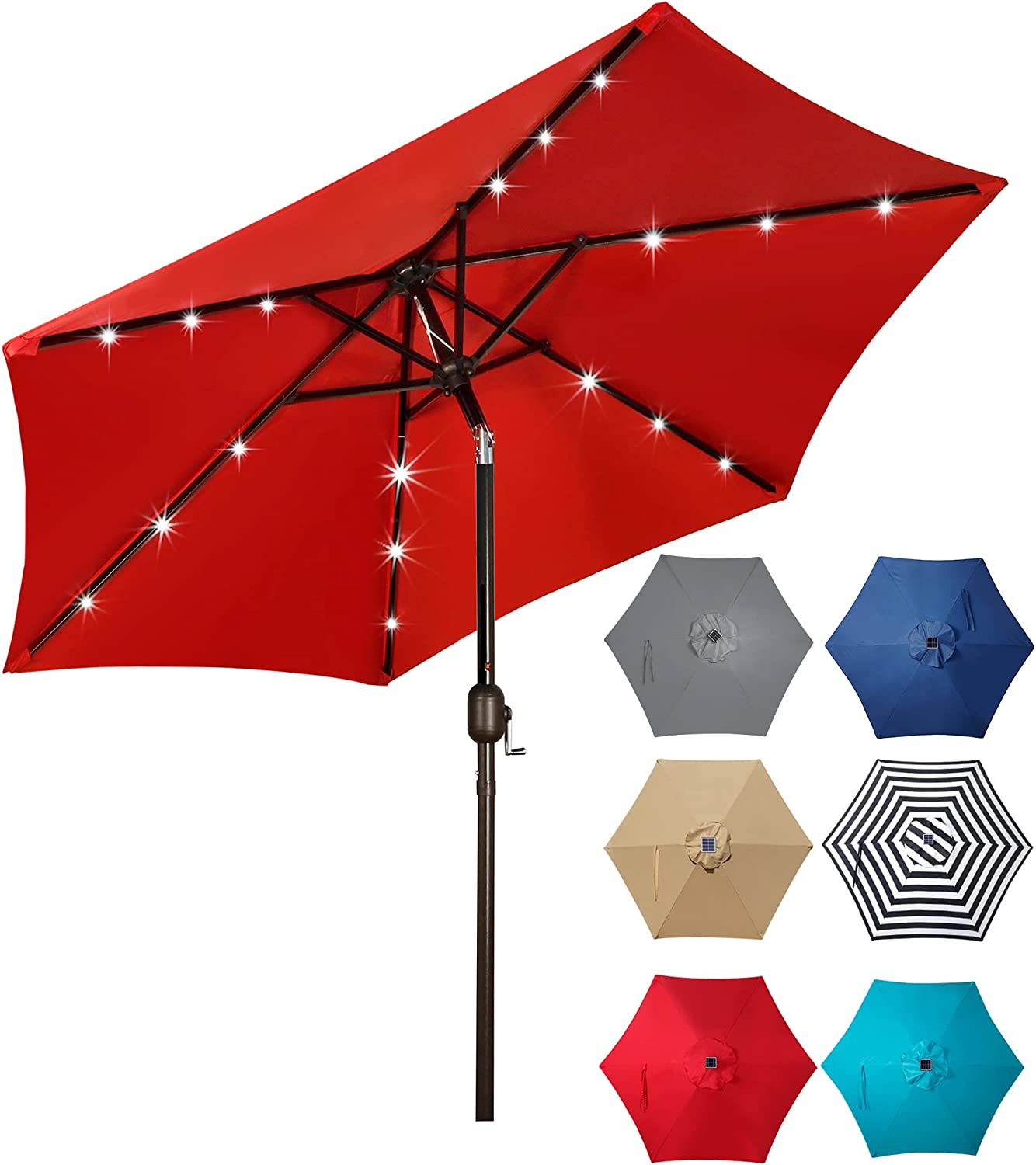 Outdoor Solar Umbrella - 7.5 Ft LED Lighted Patio Umbrella with Tilt and Crank for Garden, Deck, Backyard, Pool, and Beach