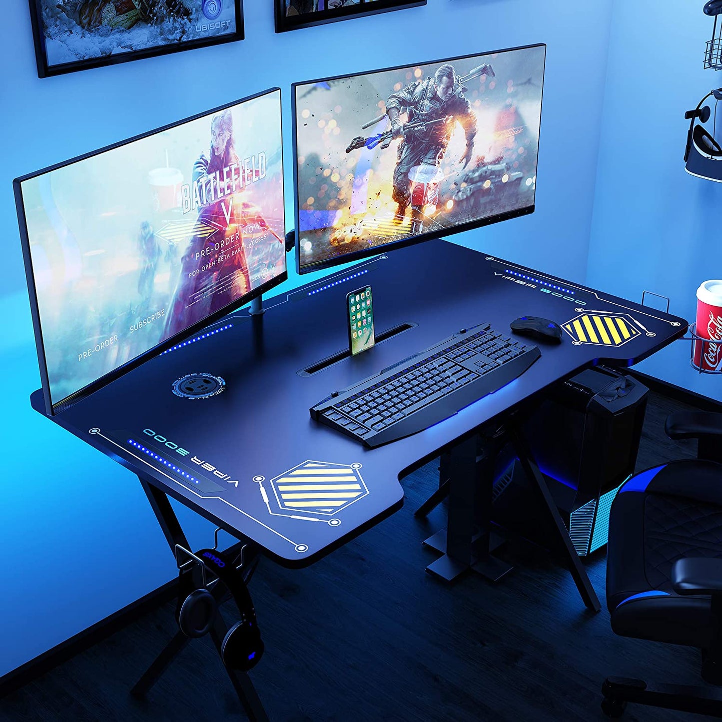 Gaming Desk Viper 3000-45+ Inches Wide, LED Illumination, Three USB 3.0 Ports, Tablet/Phone Slot, Cup Holder, Dual Headphone Hooks, Storage Tray, Satin Finish Surface, PN33906164