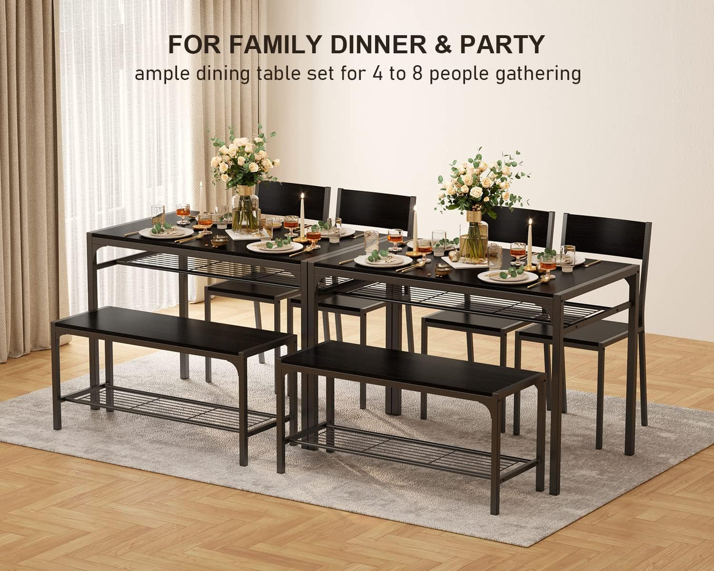 Kitchen Table and 2 Chairs for 4 with Bench 4 Piece Dining Table Set for Small Space