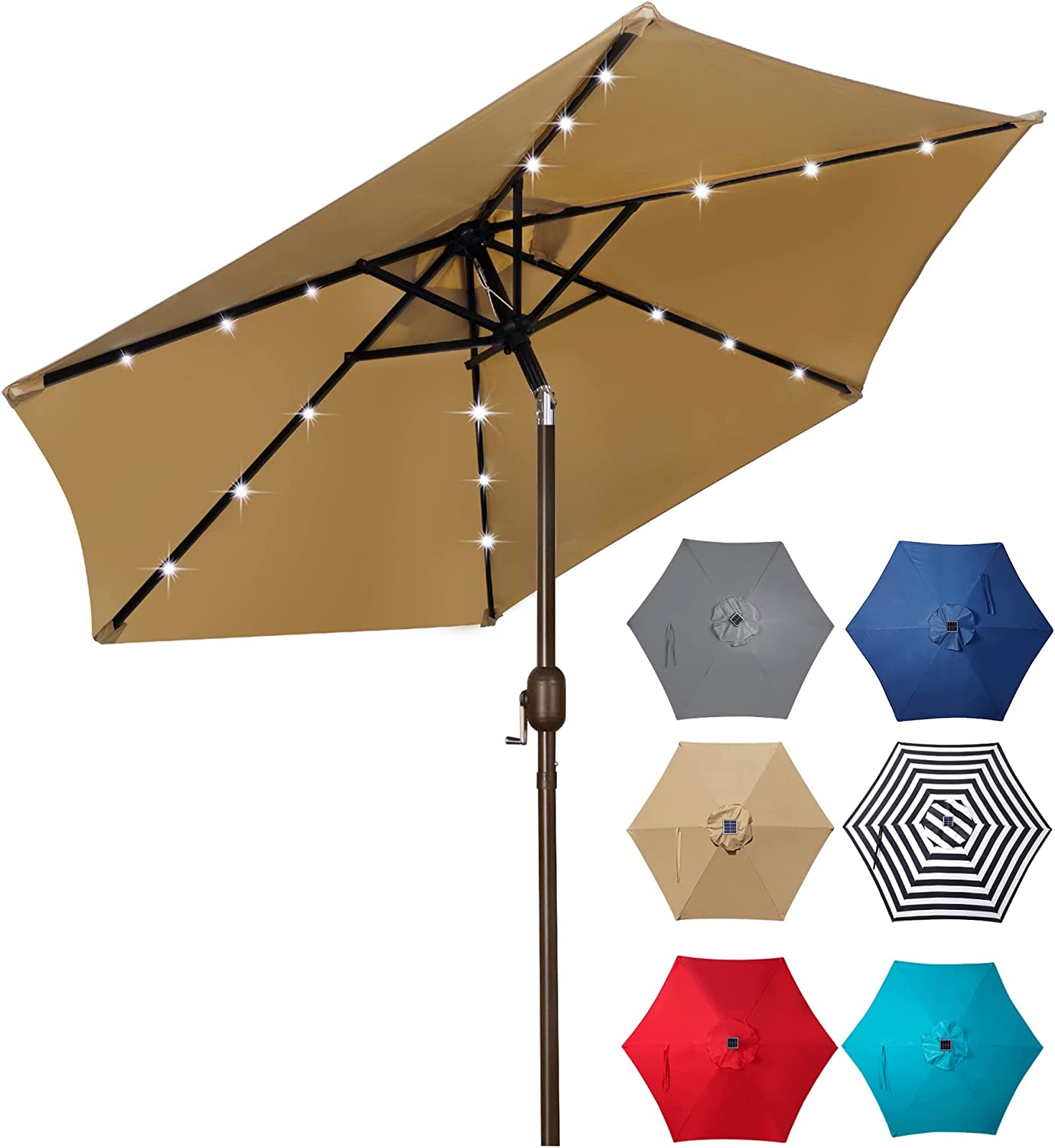 Outdoor Solar Umbrella - 7.5 Ft LED Lighted Patio Umbrella with Tilt and Crank for Garden, Deck, Backyard, Pool, and Beach