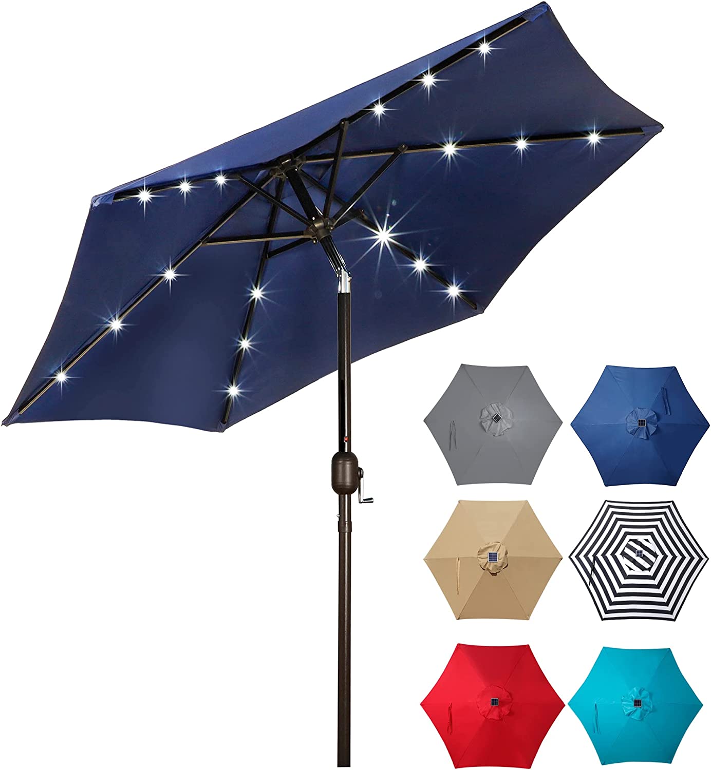 Outdoor Solar Umbrella - 7.5 Ft LED Lighted Patio Umbrella with Tilt and Crank for Garden, Deck, Backyard, Pool, and Beach