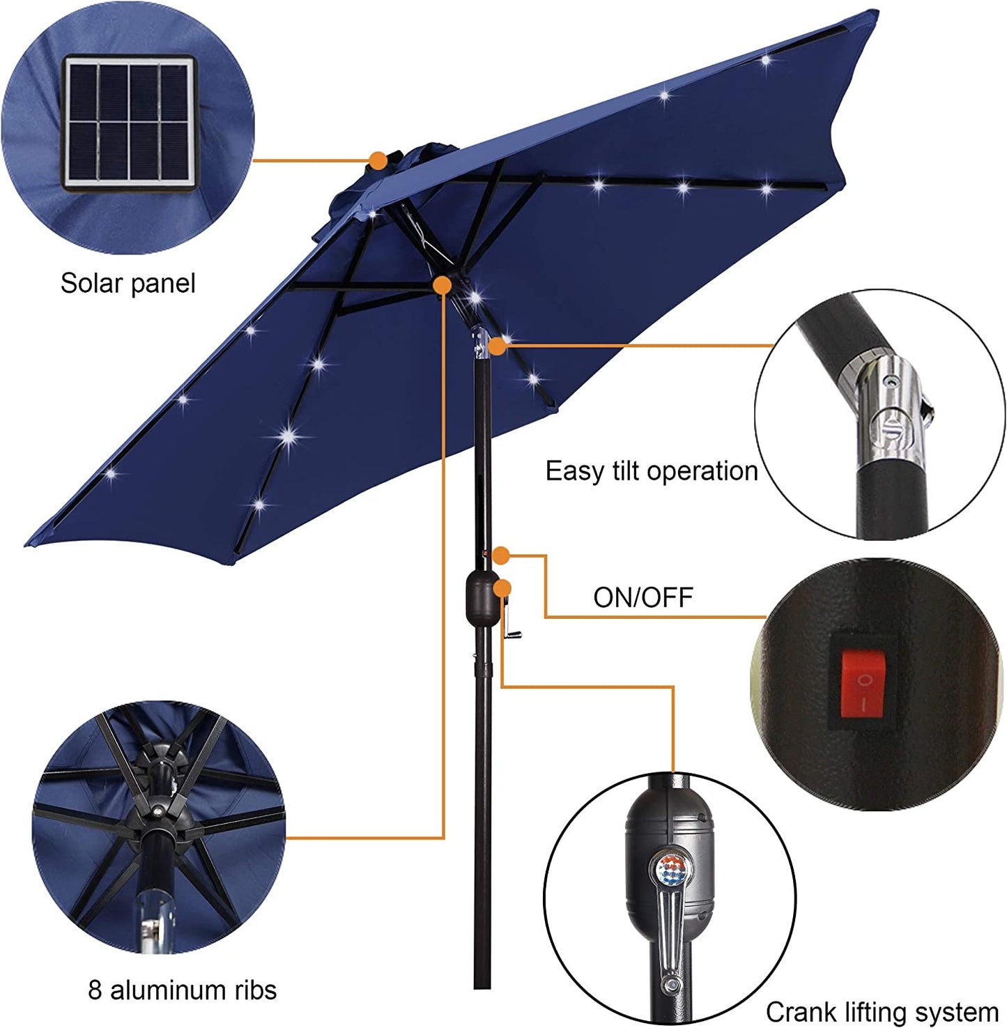 Outdoor Solar Umbrella - 7.5 Ft LED Lighted Patio Umbrella with Tilt and Crank for Garden, Deck, Backyard, Pool, and Beach