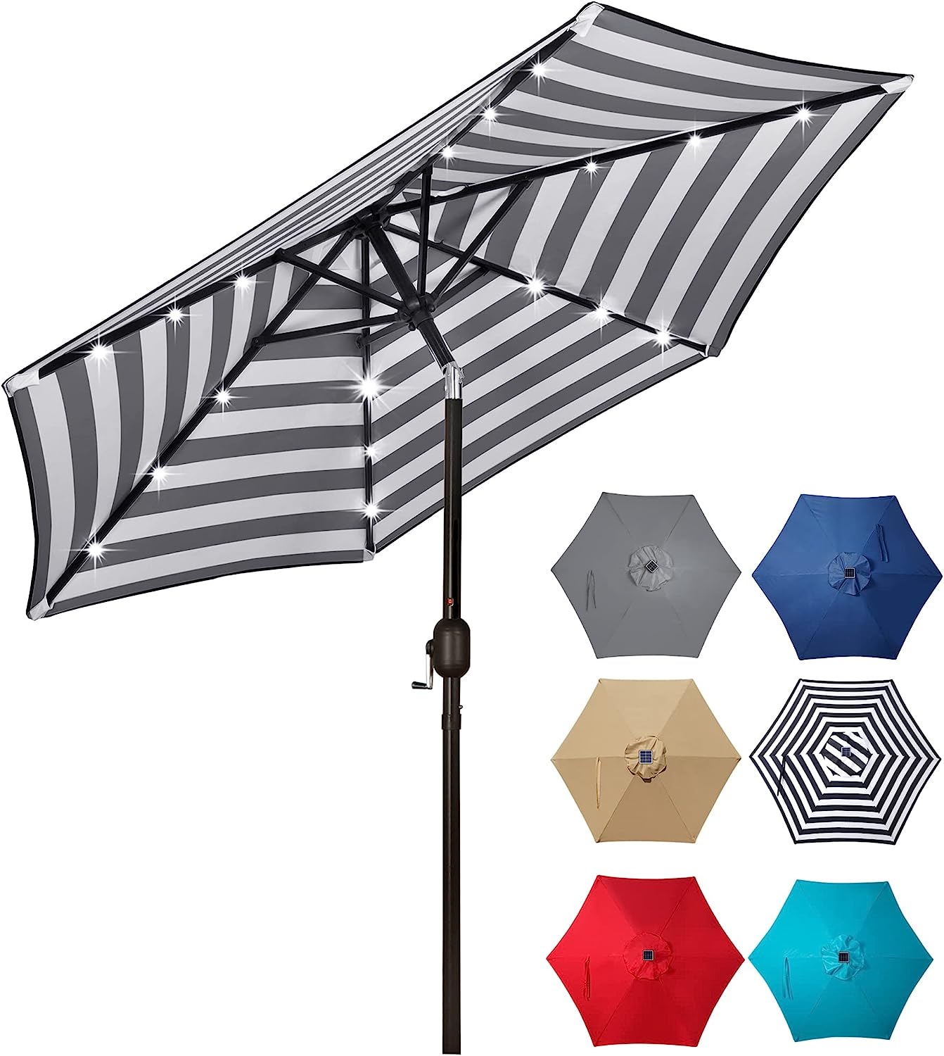Outdoor Solar Umbrella - 7.5 Ft LED Lighted Patio Umbrella with Tilt and Crank for Garden, Deck, Backyard, Pool, and Beach