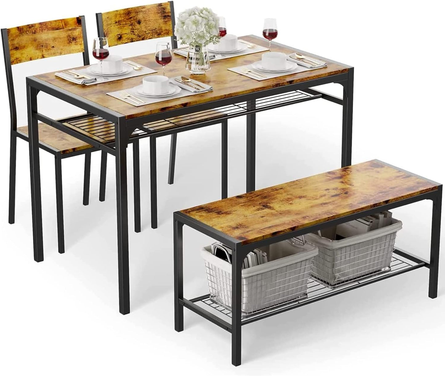 Kitchen Table and 2 Chairs for 4 with Bench 4 Piece Dining Table Set for Small Space